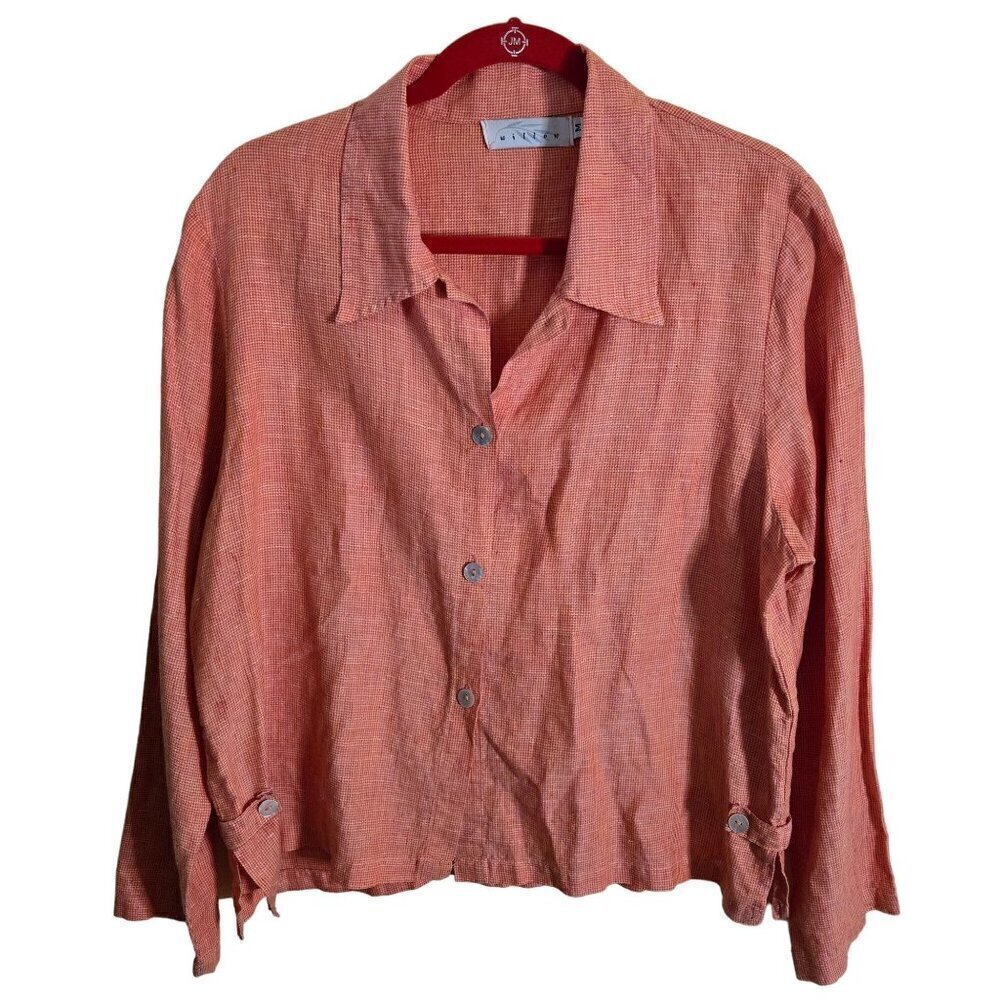 Willow Vintage 100% Linen Lagonlook Orange Mother Of Pearl Button Top Size M